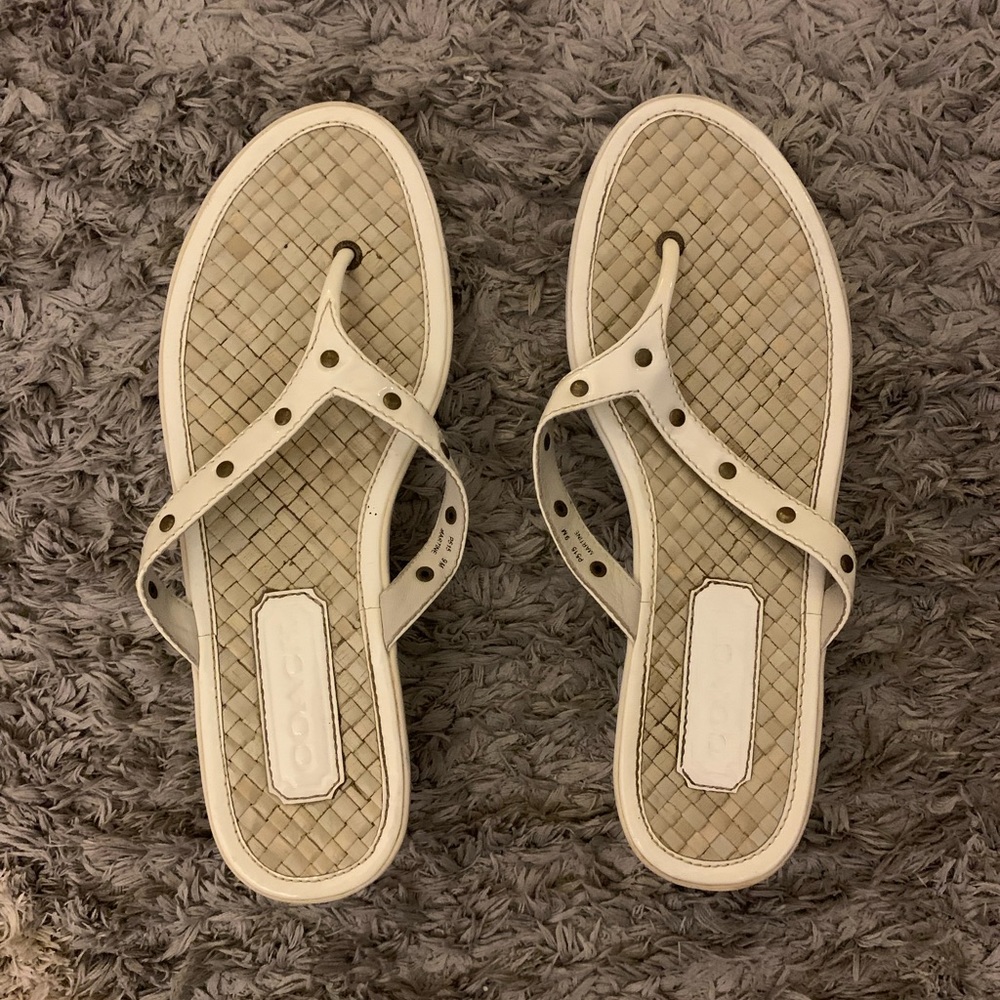 COACH Martine White Patent Leather Thong Wedge Sandals, 9M